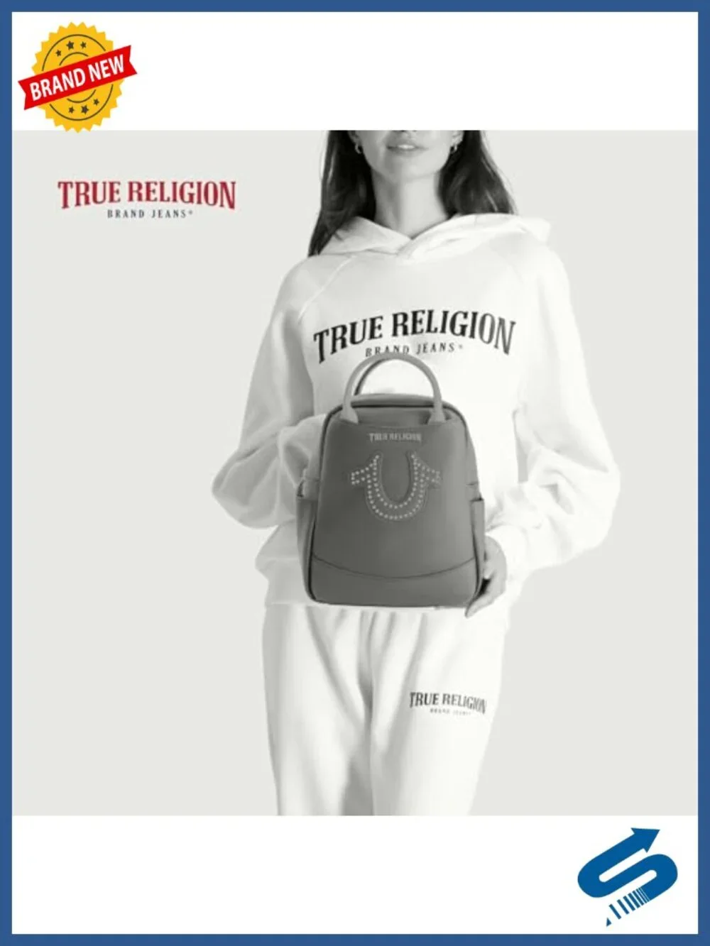 True Religion Mini Backpack, Polyurethane, Studded Horseshoe Logo, Adjustable